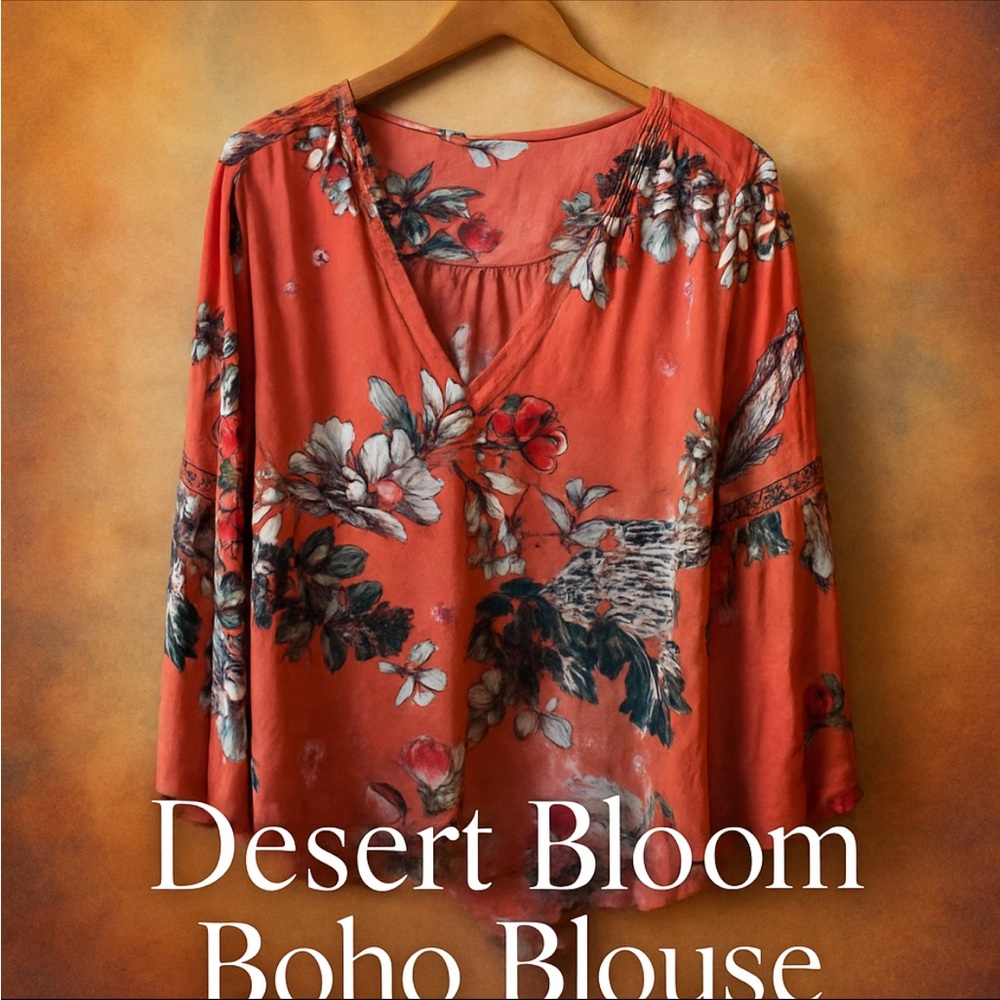 Desert Bloom Boho Blouse - Floral Orange - Picture 1 of 1
